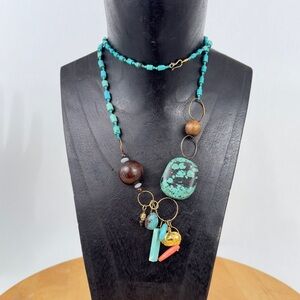 CHAN LUU Multi-beaded Turquoise Long Necklace w Crown Charm & Sterling 925 Clasp